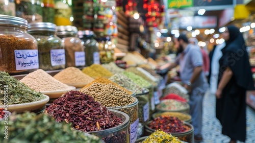 Fototapeta Naklejka Na Ścianę i Meble -  Busy spice souk in Dubai with colorful displays of herbs and spices