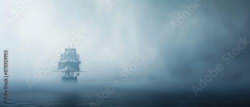 A lone ship sails through dense, mysterious fog over calm waters, creating an atmosphere of adventure and mystery.