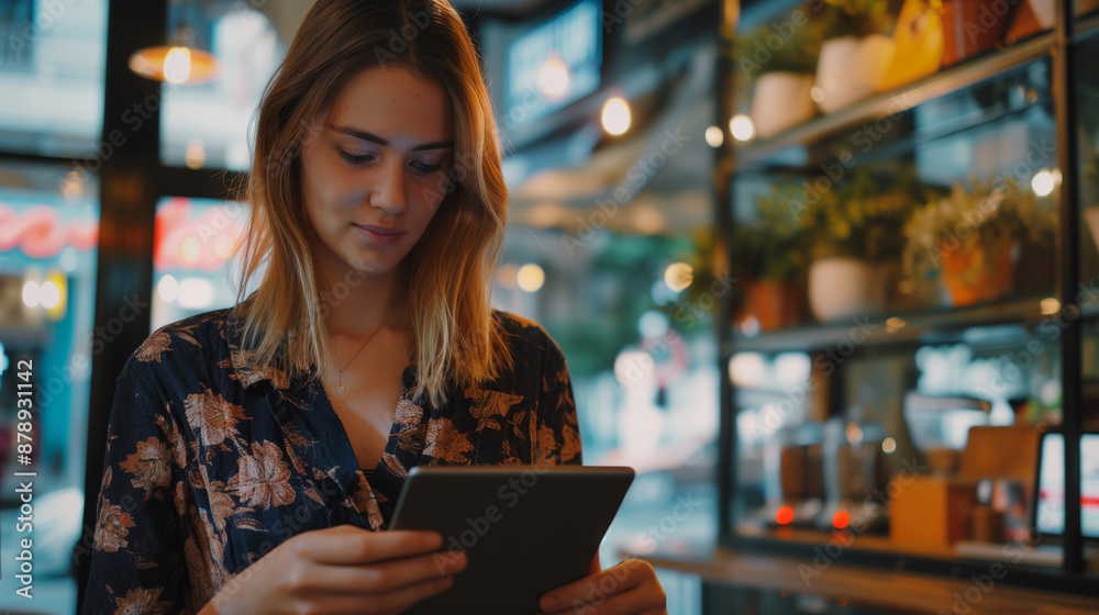 Woman Reviewing Documents on a Tablet in a Cafe Woman Reviewing Documents on a Tablet in a Cafe