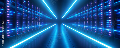 Wallpaper Mural Futuristic data center with glowing blue lights and endless server racks, creating a high-tech and cyberpunk atmosphere. Torontodigital.ca