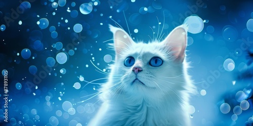 Charming White Cat with Expressive Eyes on Abstract Blue Background, Perfect for Christmas-Themed Pet Party Cards, Wallpaper, and Backgrounds, High-Resolution AI-Generated Design