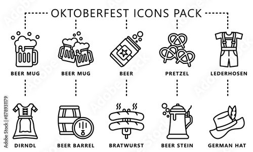 Oktoberfest black outline icons pack, includes traditional Bavarian elements like beer barrels, bratwurst, accordions, beer tents, Pretzels, lederhosen, dirndls and more. vector EPS 10. 