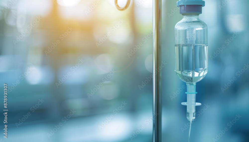 A close-up of a hospital IV drip against a softly blurred background. A close-up of a hospital IV drip against a softly blurred background.