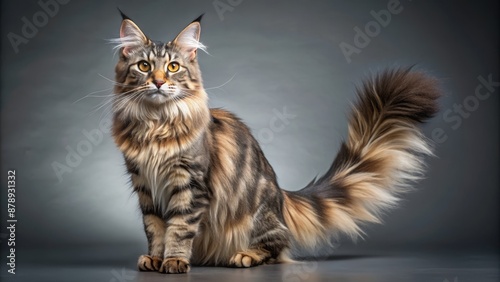 Full-body portrait of a Maine Coon cat with a fluffy tail standing