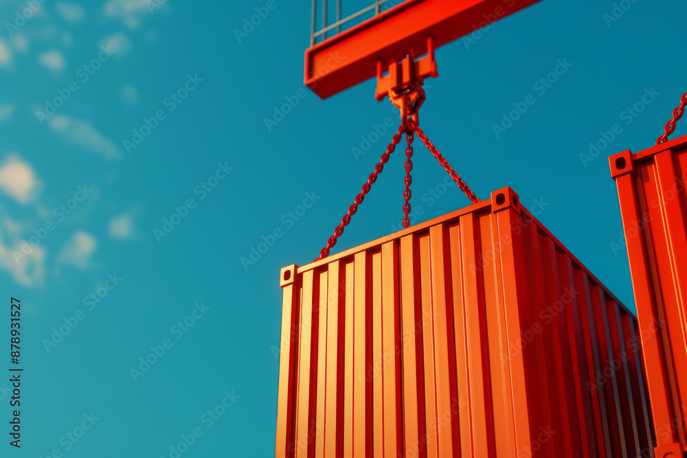 Red shipping container being lifted by a crane against a blue sky. Ideal for logistics, transportation, or industrial themes. Red shipping container being lifted by a crane against a blue sky. Ideal for logistics, transportation, or industrial themes.