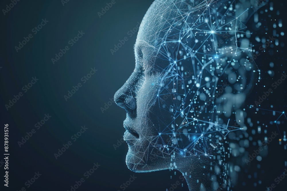 Fototapeta premium Abstract digital human face. Artificial intelligence concept of big data or cyber security