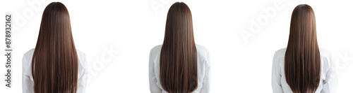 Group of women with straight long brown hair from back view, Hair styling, isolated on transparent background