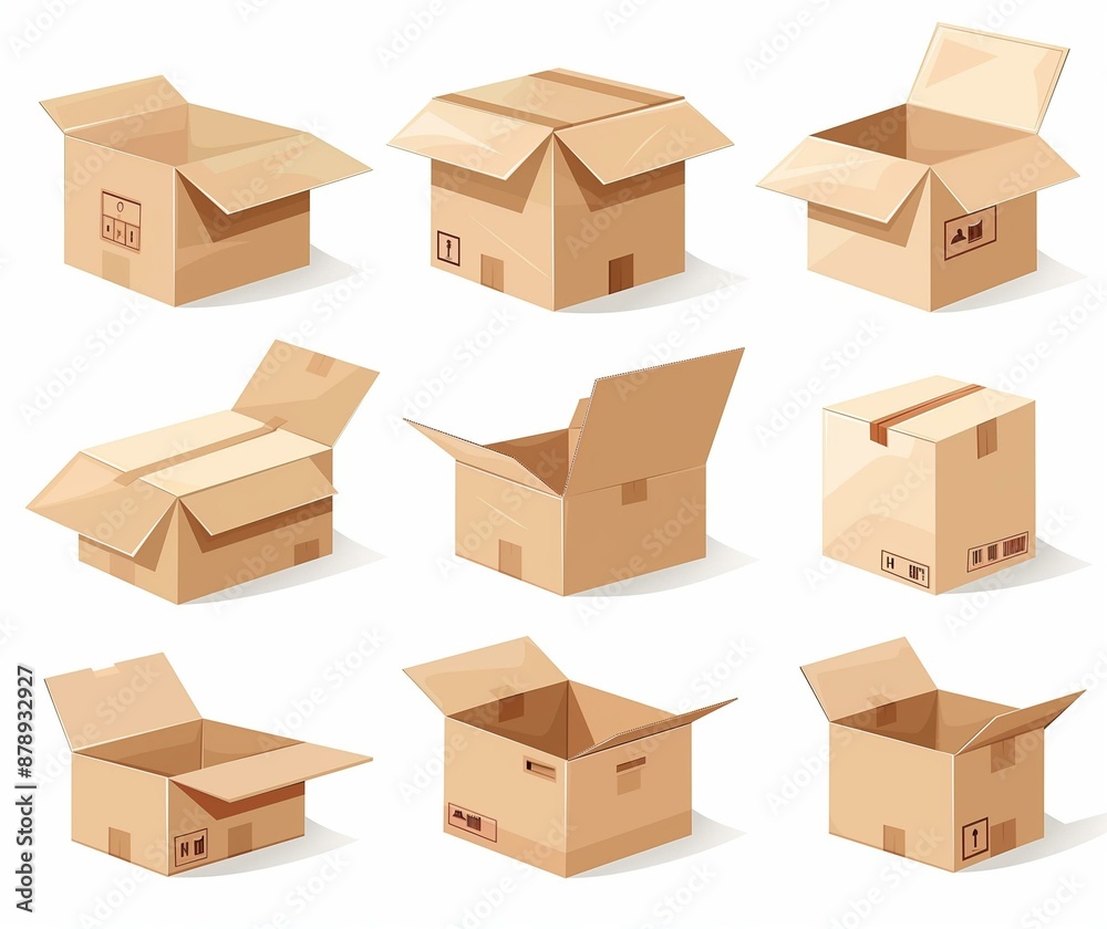 Set of Open and Closed Cardboard Boxes Illustrations for Packing, Shipping, and Moving. Set of Open and Closed Cardboard Boxes Illustrations for Packing, Shipping, and Moving.