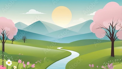 Landscape illustration anime style background, Generative Ai