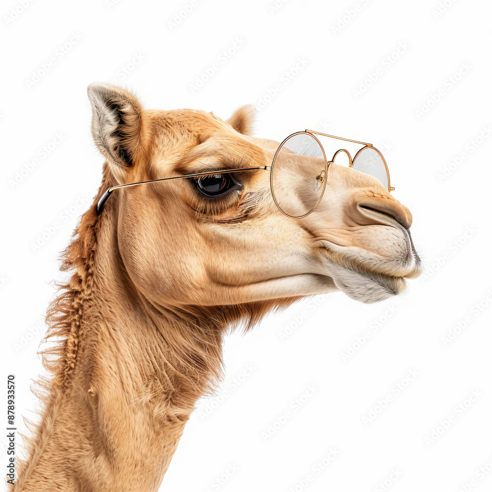 Obraz premium Close-up of a camel wearing round glasses, isolated on white background. Humorous and quirky animal portrait.