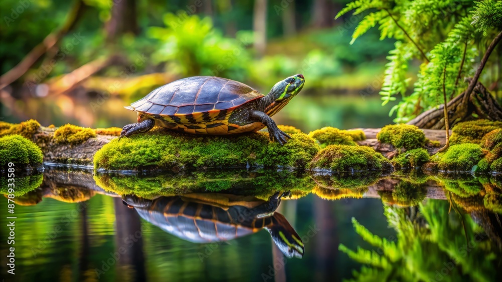 Obraz premium A serene swamp turtle rests on a moss-covered log surrounded by lush green vegetation and calm murky water reflections.