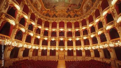 A beautiful baroque opera house with lavish interiors, ornate balconies, and a grand stage.