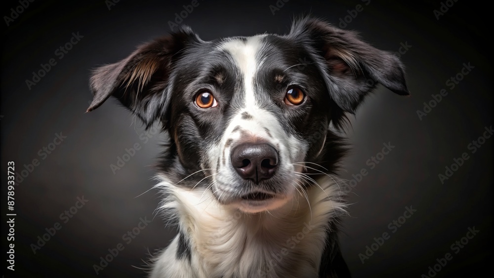 Adorable black and white canine, with distinctive facial markings, stands alertly against a dramatic dark background, exuding elegance. Adorable black and white canine, with distinctive facial markings, stands alertly against a dramatic dark background, exuding elegance.