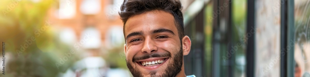 Fototapeta premium Smiling Young Spanish Man's Lifelike Portrait Perfect for Abstract Confident Concepts, Optimistic Youth Popular Background or Wallpaper, High-Resolution AI-Generated Design