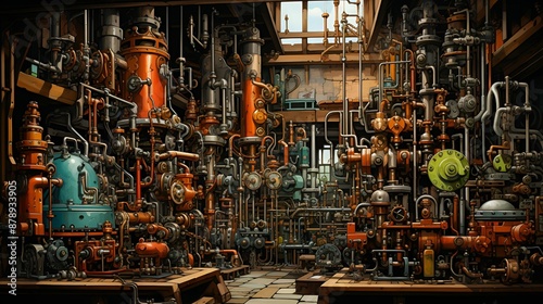 A complex and intricate steampunk machinery room, filled with a variety of pipes, valves, and gears, showcasing industrial creativity and engineering marvels.