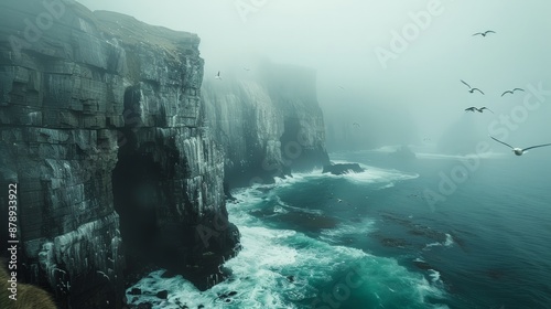 A dramatic coastal cliffside, waves crashing against the rocks below, seagulls soaring above photo