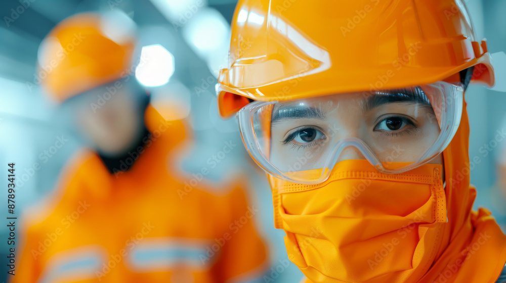 Close-up view of industrial worker in orange safety gear, wearing a hard hat and protective mask in a manufacturing environment. Close-up view of industrial worker in orange safety gear, wearing a hard hat and protective mask in a manufacturing environment.
