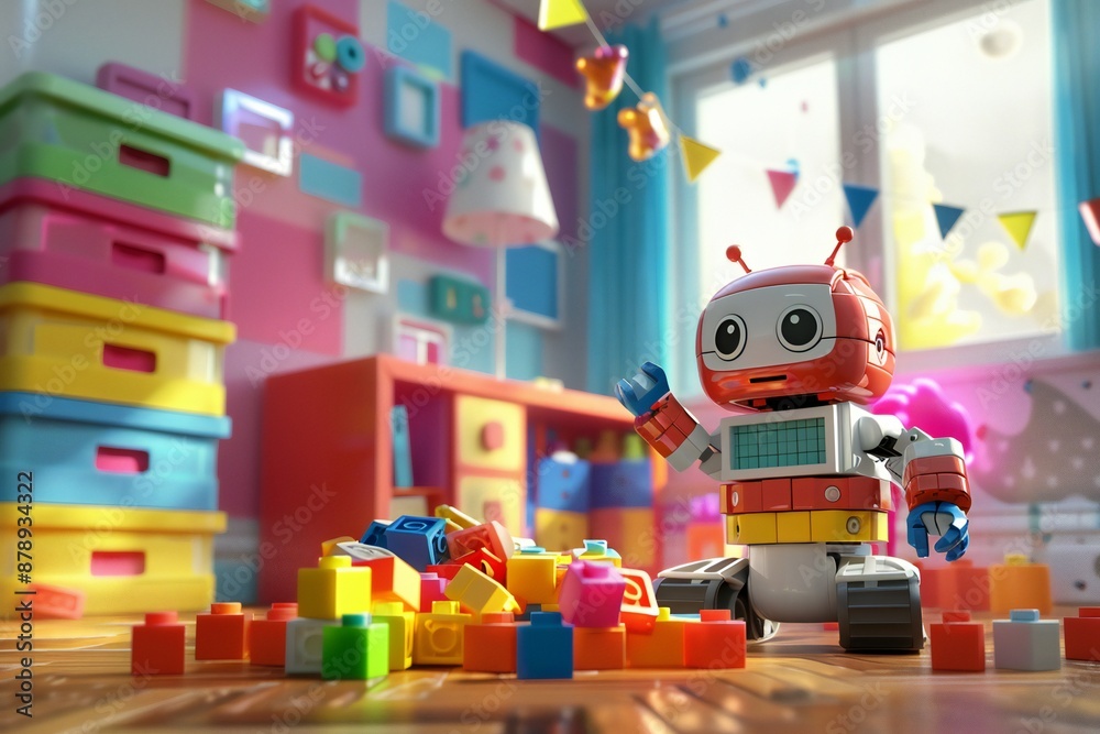 Little girl robot playing with building blocks in a children's room , generated by ai Little girl robot playing with building blocks in a children's room , generated by ai