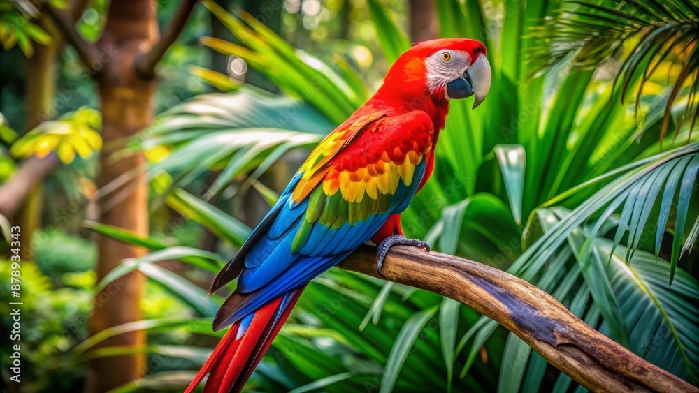 Vibrant red, blue, and yellow plumage of a majestic macaw parrot perched on a branch in a lush tropical zoo habitat. Vibrant red, blue, and yellow plumage of a majestic macaw parrot perched on a branch in a lush tropical zoo habitat.