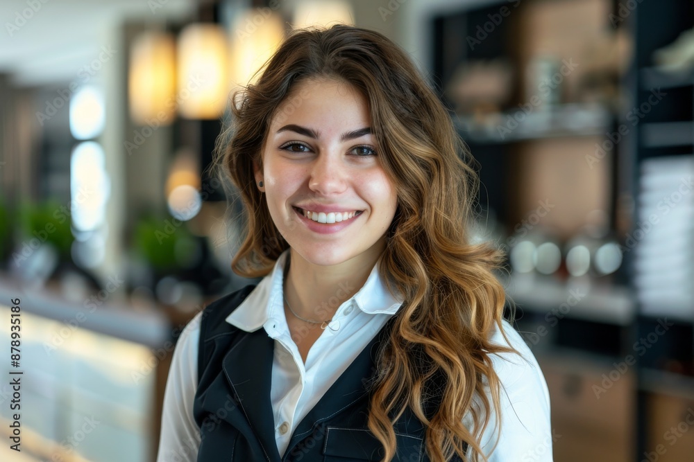 happy female hotel receptionist standing at hotel