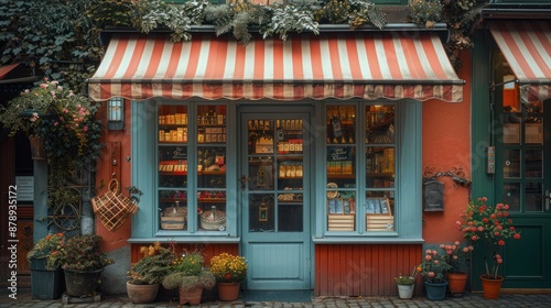 Wallpaper Mural Charming European Shopfront with Striped Awning Torontodigital.ca