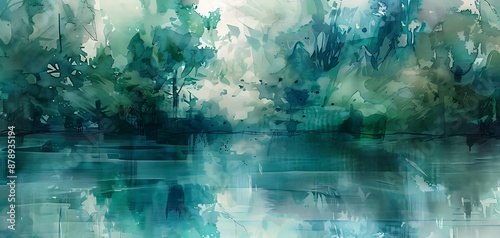 Abstract watercolor strokes in shades of teal and forest green, evoking the lush foliage and tranquil waters of a secluded woodland pond photo