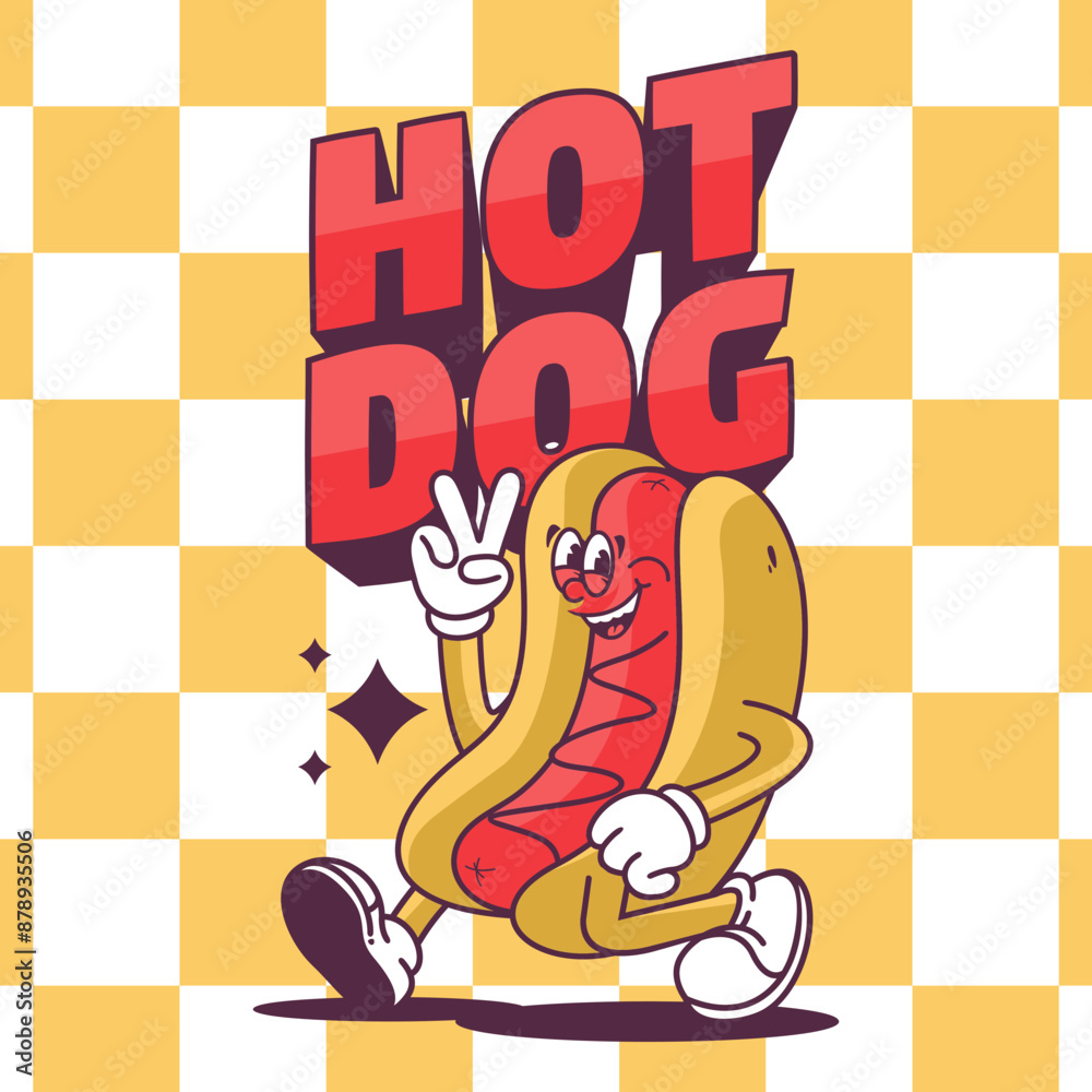 Fototapeta premium unny cartoon character of hotdog. Can be used as Sticker, posters, prints. Retro cartoon style.