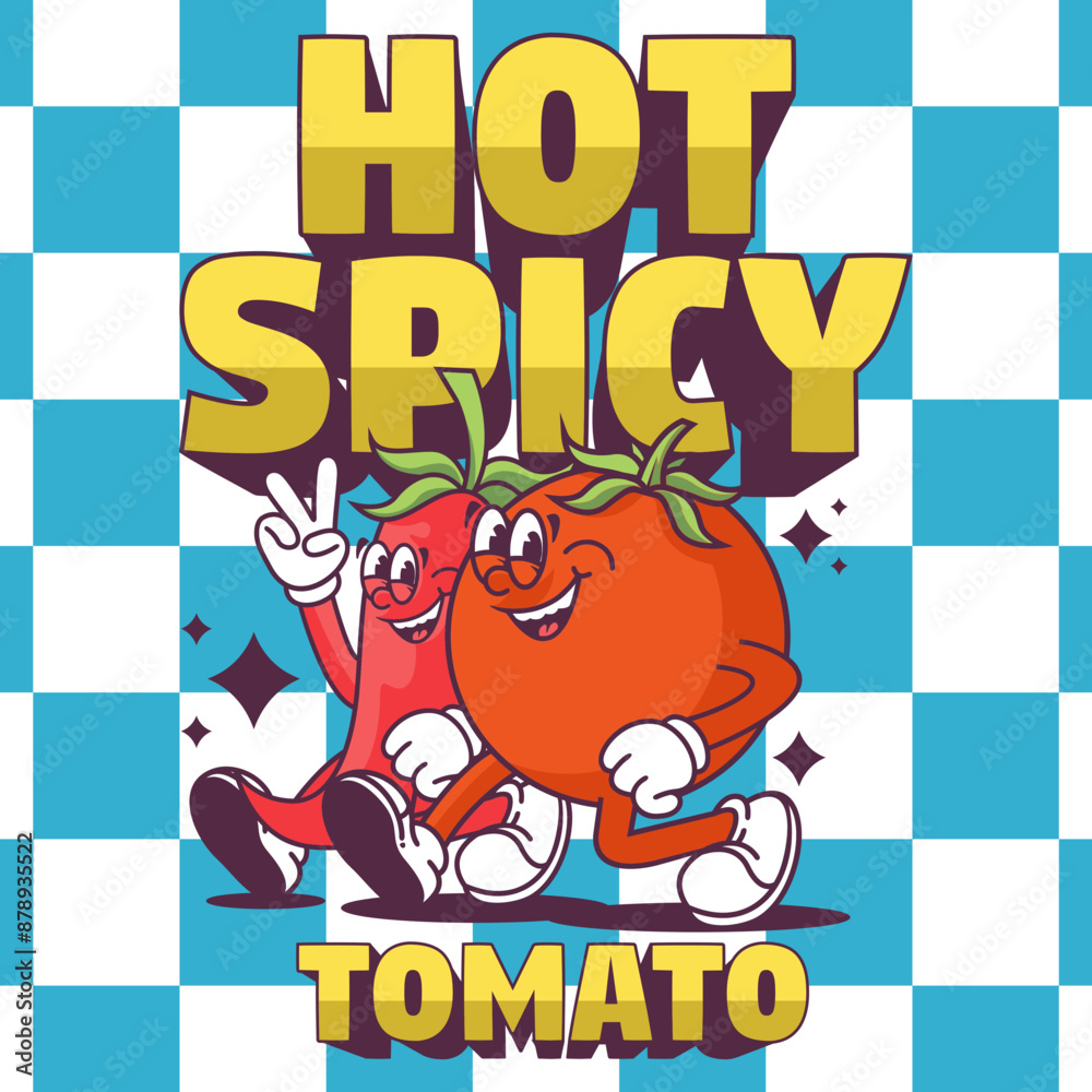 unny cartoon character of chili and tomato. Can be used as Sticker, posters, prints. Retro cartoon style. Vector illustration unny cartoon character of chili and tomato. Can be used as Sticker, posters, prints. Retro cartoon style. Vector illustration