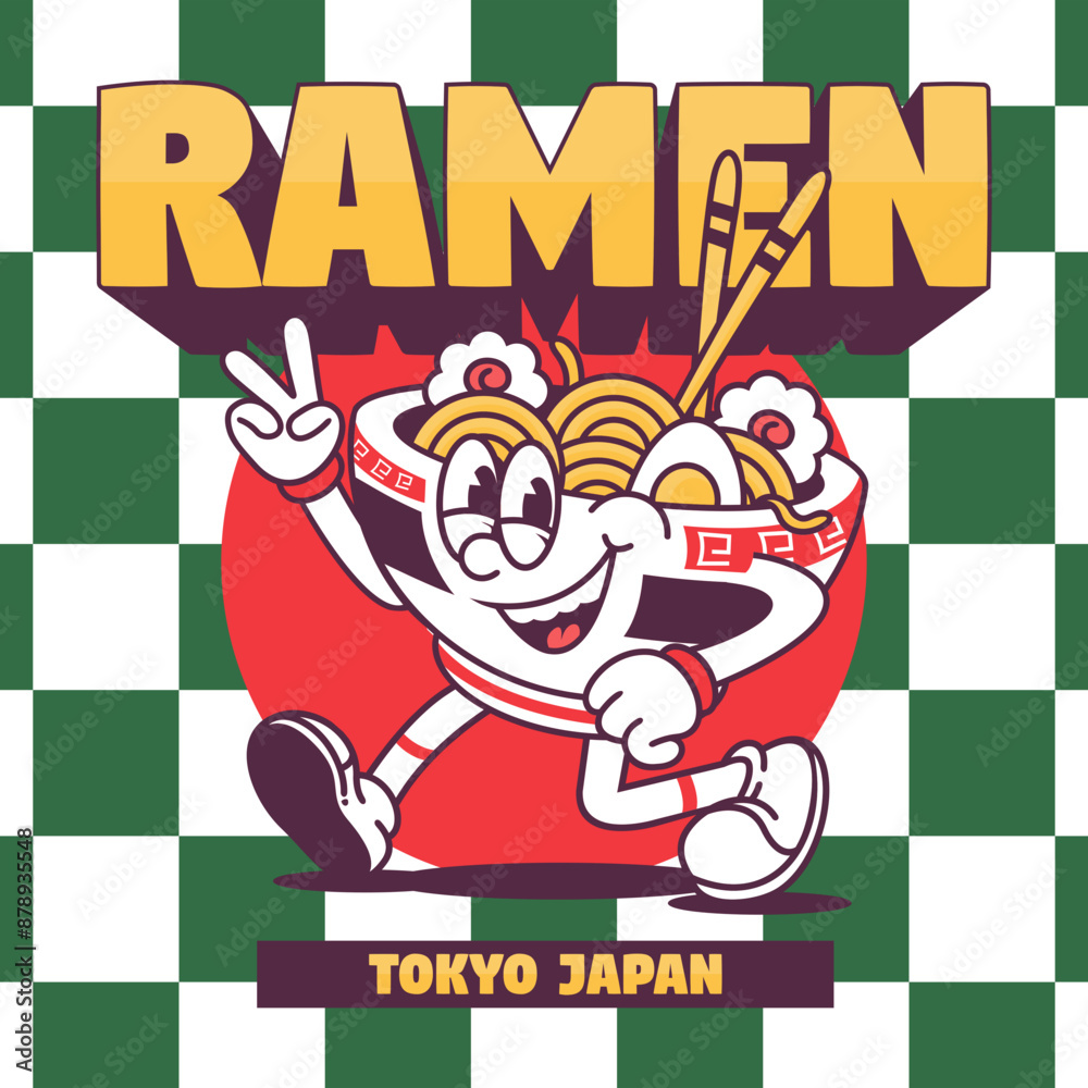 Funny cartoon character of ramen japanese food. Can be used as Sticker, posters, prints. Retro cartoon style. Vector illustration Funny cartoon character of ramen japanese food. Can be used as Sticker, posters, prints. Retro cartoon style. Vector illustration