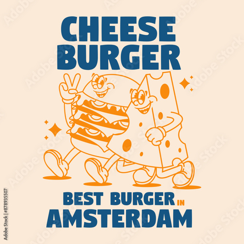 Funny cartoon character of burger. Can be used as Sticker, posters, prints. Retro cartoon style.