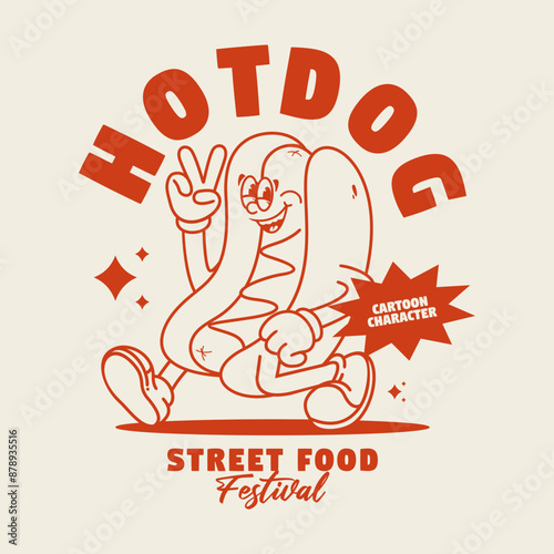 unny cartoon character of hotdog. Can be used as Sticker, posters, prints. Retro cartoon style.