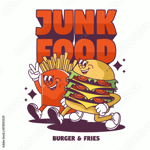 Funny cartoon character of burger. Can be used as Sticker, posters, prints. Retro cartoon style.