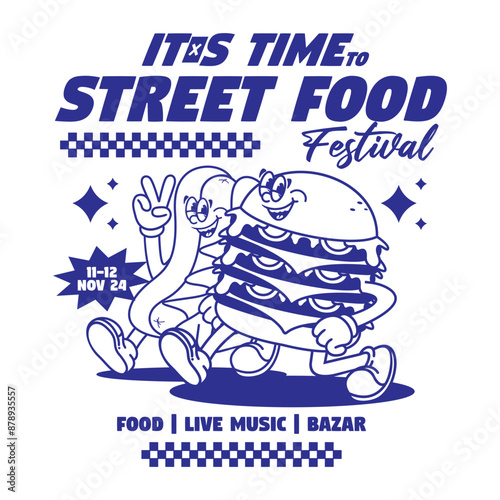 Funny cartoon character of burger. Can be used as Sticker, posters, prints. Retro cartoon style.