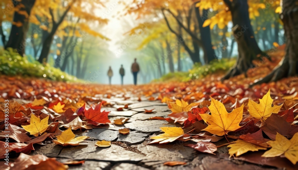 Autumn leaves on a path in a park. Autumn leaves on a path in a park.