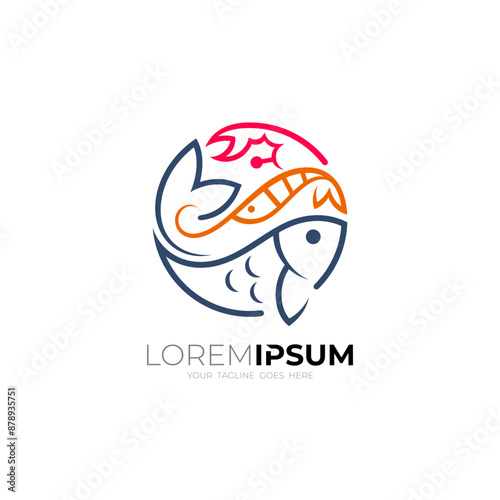 the seafood logo consists of fish, shrimp, and crab, circle logos
