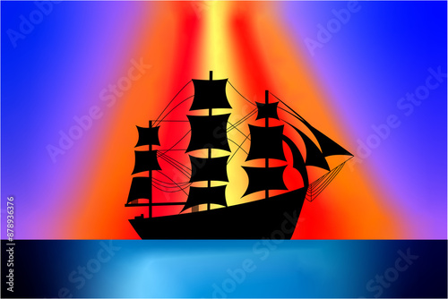 Boat on sea with different vivid colors on sky concept of landscape painting - illustration