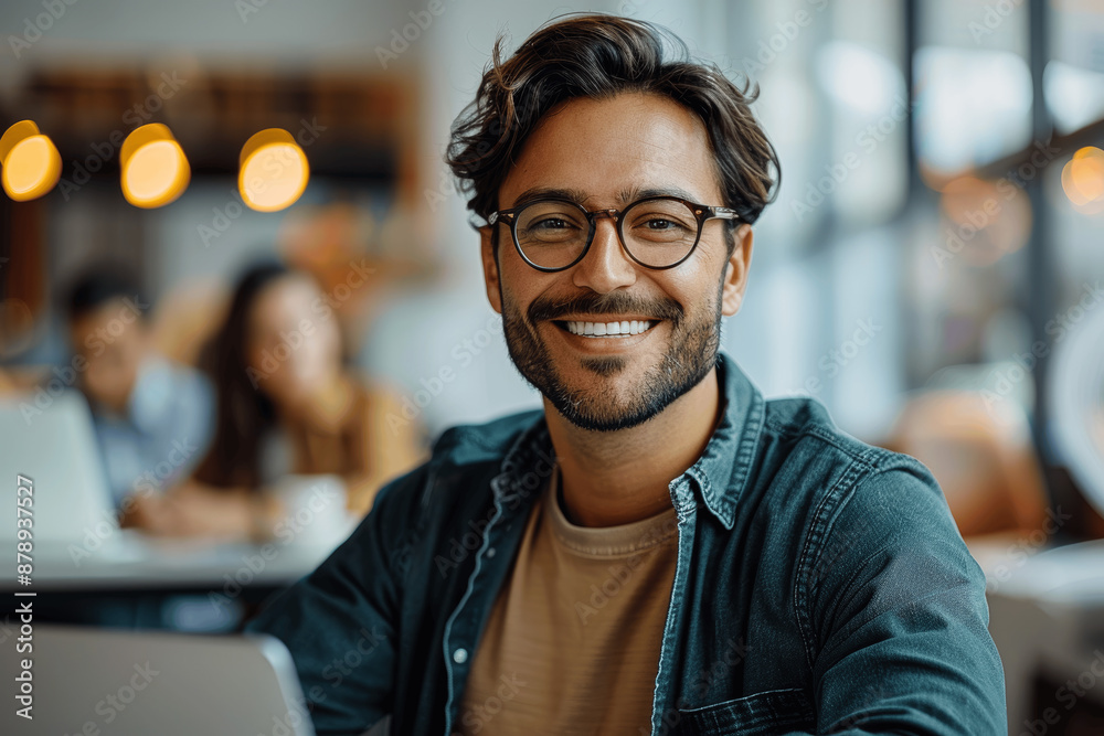 Smiling Man Working on Laptop in Modern Office Smiling Man Working on Laptop in Modern Office