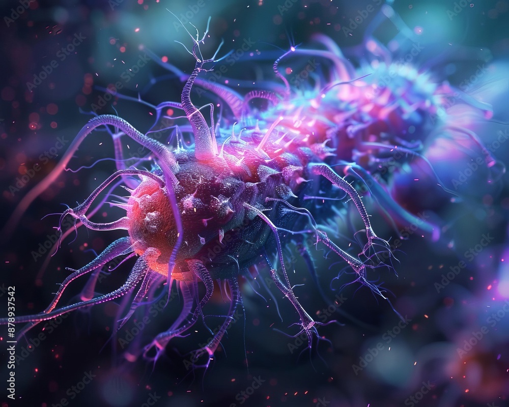 Obraz premium Bacterial morphology, 3D hologram, advanced lab research, hightech visualization