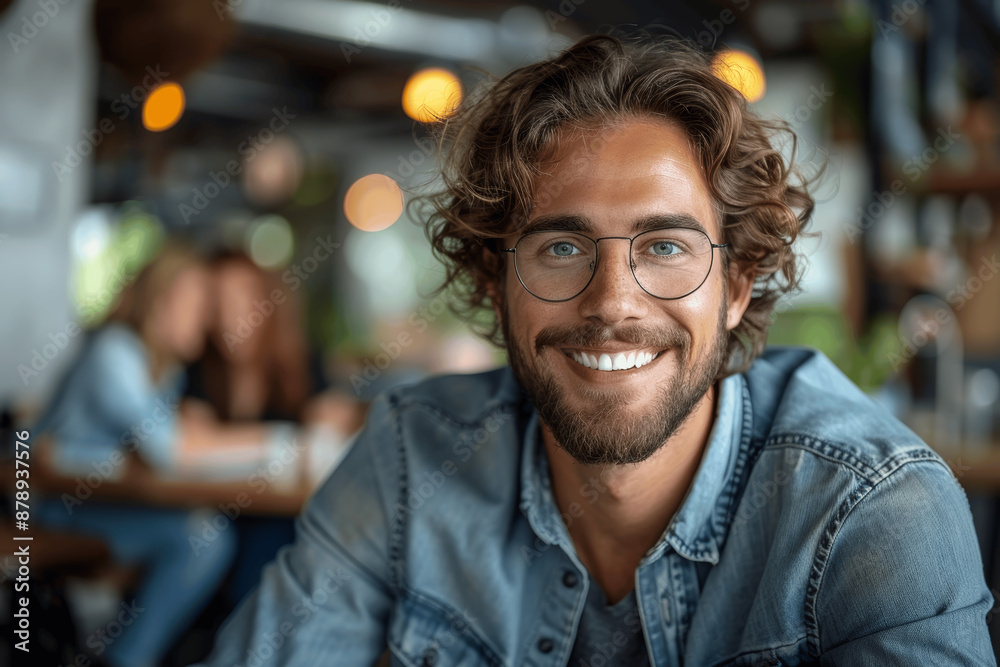 Smiling young businessman with glasses working on laptop during office meeting with female colleague Smiling young businessman with glasses working on laptop during office meeting with female colleague