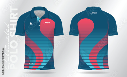 blue and pink abstract jersey polo shirt mockup template design for sport uniform in front view and back view