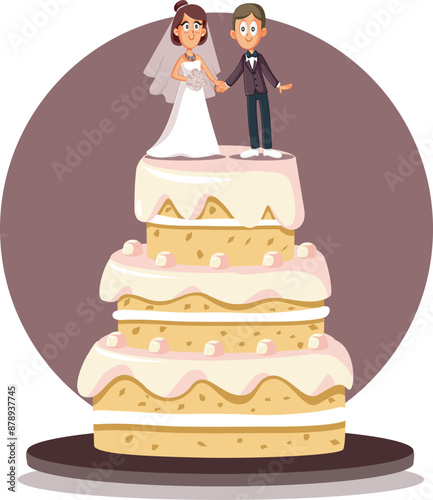 Wedding Cake with Bride and Groom on a Platter Vector Cartoon. Cute, adorable husband and wife figurines on a celebrating dessert 
