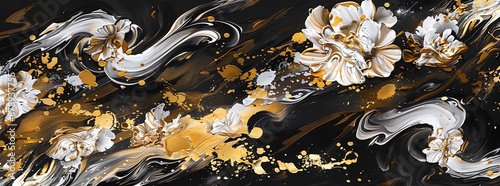 Contemporary abstract artwork featuring black, gold, and white floral elements photo