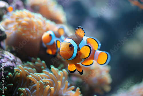 Clownfish or Anemonefish swimming around sea anemone. Generative AI
