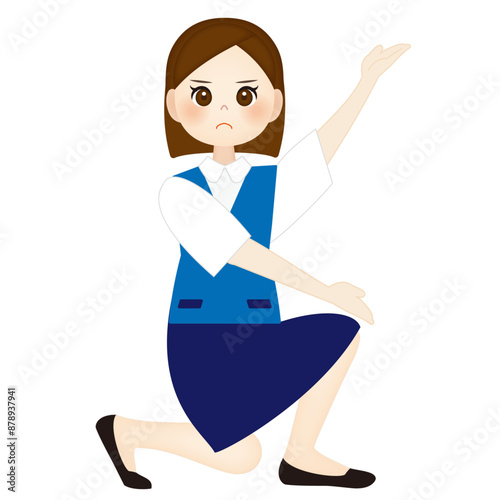 膝をついてポーズをとる女子社員