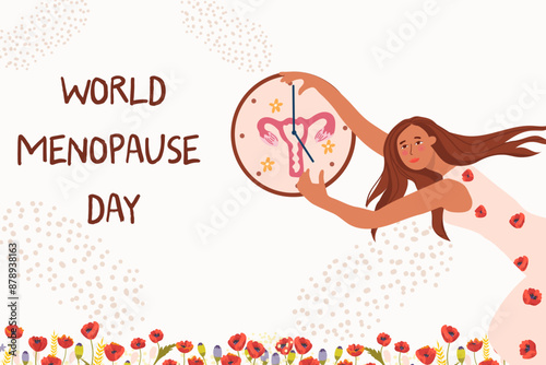 World Menopause Day. Medicine concept. Woman with clock. Vector illustration.