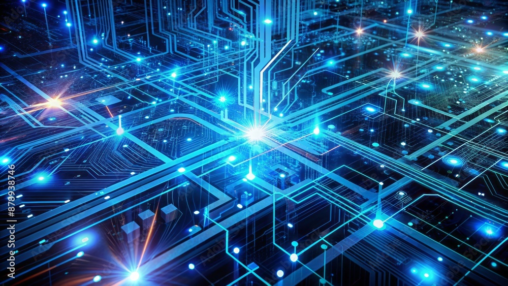 Fototapeta premium Futuristic technological background with vibrant blue circuit boards, swirling digital data streams, and intricate network connections in a dark atmosphere.