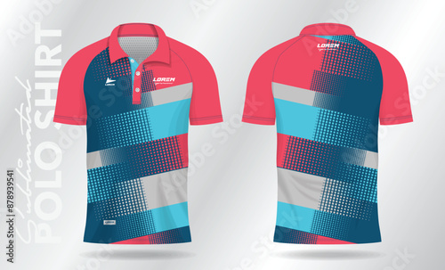 blue and pink abstract jersey polo shirt mockup template design for sport uniform in front view and back view