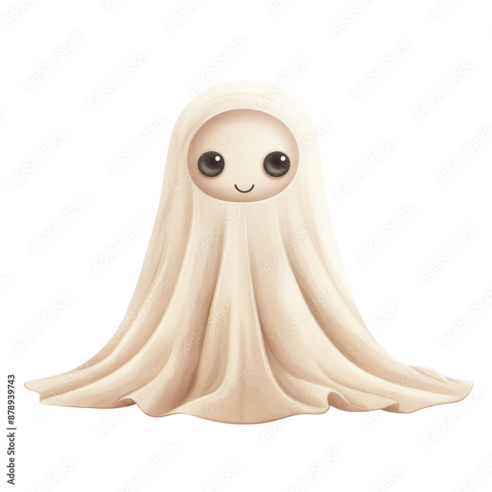 Cute ghost with big eyes and smiling face floating in watercolor cartoon style Halloween theme with transparent background clipart Cute ghost with big eyes and smiling face floating in watercolor cartoon style Halloween theme with transparent background clipart