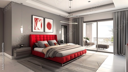 Modern bedroom with a red bed and gray walls, a white ceiling and floor photo