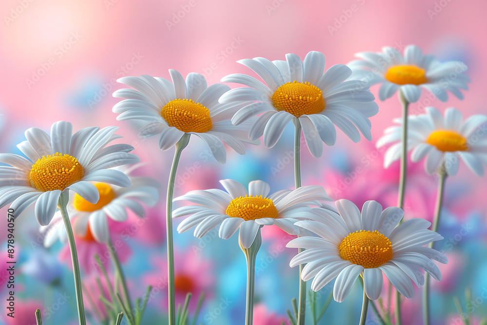 A field of white daisies with a pink background. The flowers are in full bloom and the colors are vibrant. Concept of freshness and beauty, as well as the idea of nature's abundance A field of white daisies with a pink background. The flowers are in full bloom and the colors are vibrant. Concept of freshness and beauty, as well as the idea of nature's abundance
